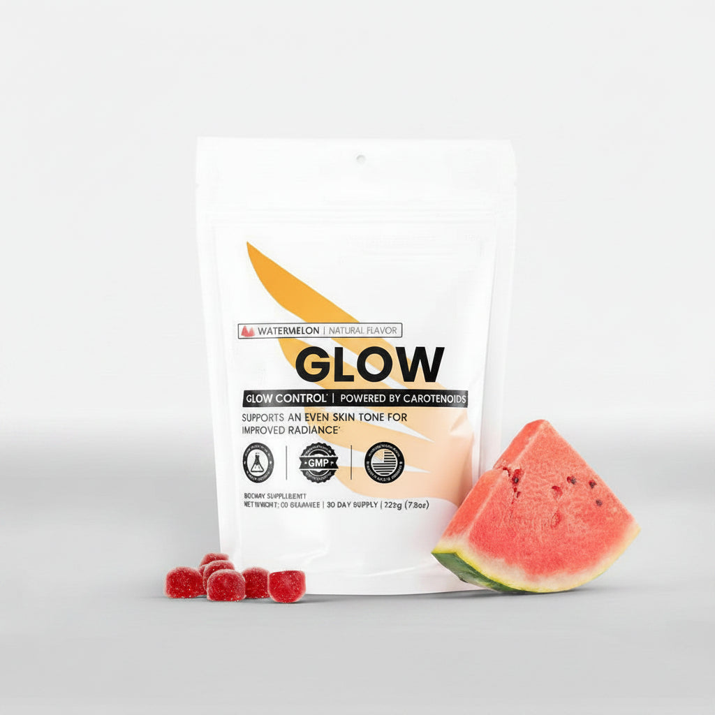 GLOW supplement packaging with watermelon flavor, TikTok virality badge, and watermelon slice on a white background.