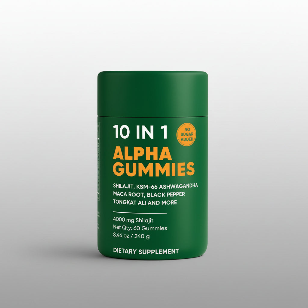 Green container of 10 IN 1 Alpha Gummies dietary supplement on a white background