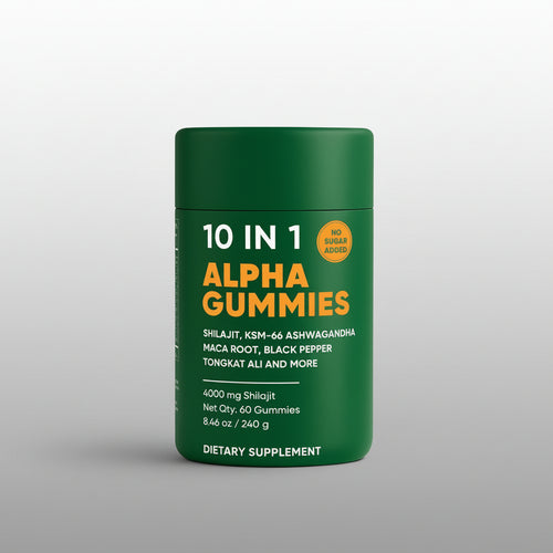 Green container of 10 IN 1 Alpha Gummies dietary supplement on a white background
