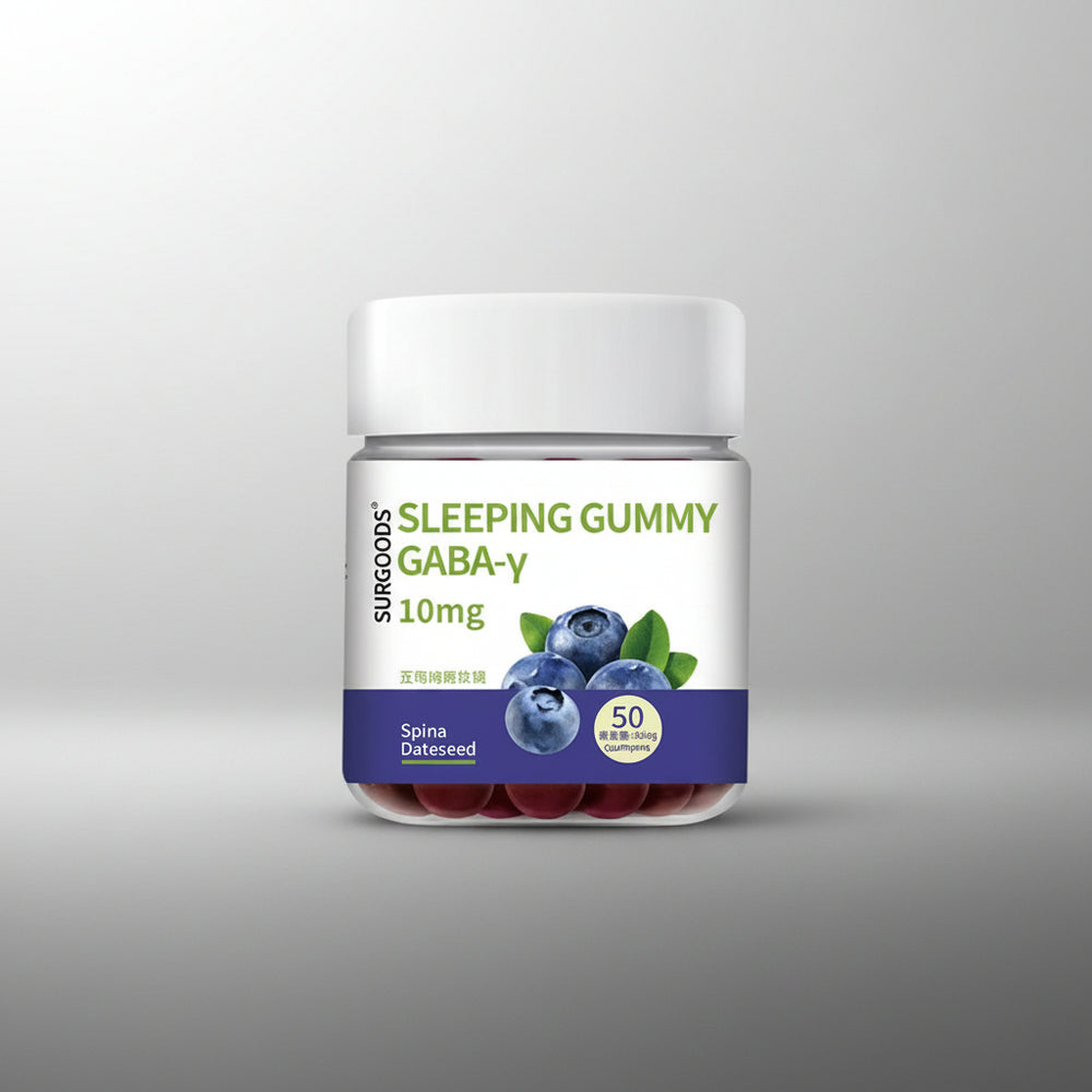 Jar of Surgoods Sleeping Gummy GABA-V with blueberries on a white background