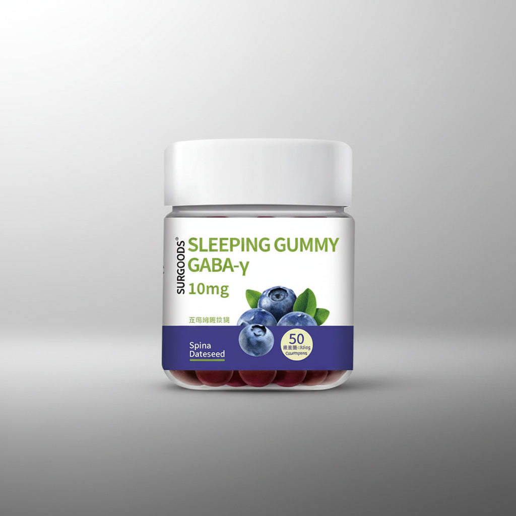 Jar of Surgoods Sleeping Gummy GABA-V with blueberries on a white background