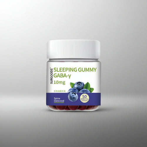 Jar of Surgoods Sleeping Gummy GABA-V with blueberries on a white background