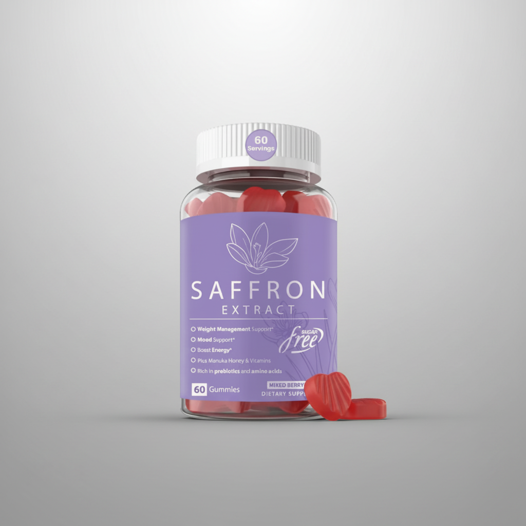 Bottle of saffron extract gummies with a purple label on a white background