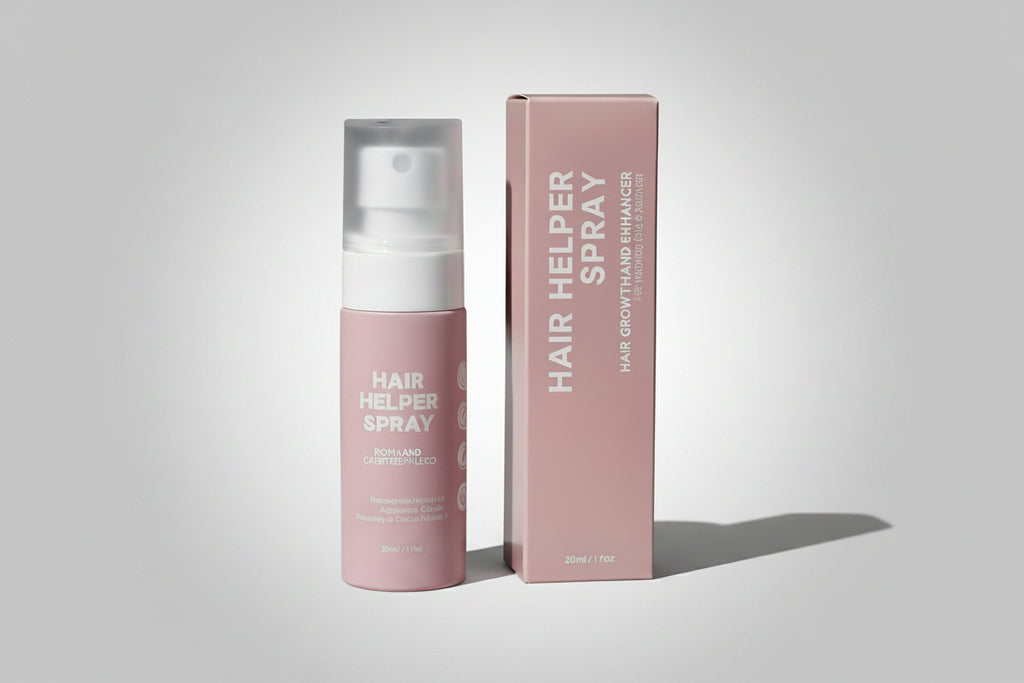 Hair Helper Spray bottle and packaging on a white background