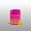 Pink container of women's probiotic with gummies on a white background