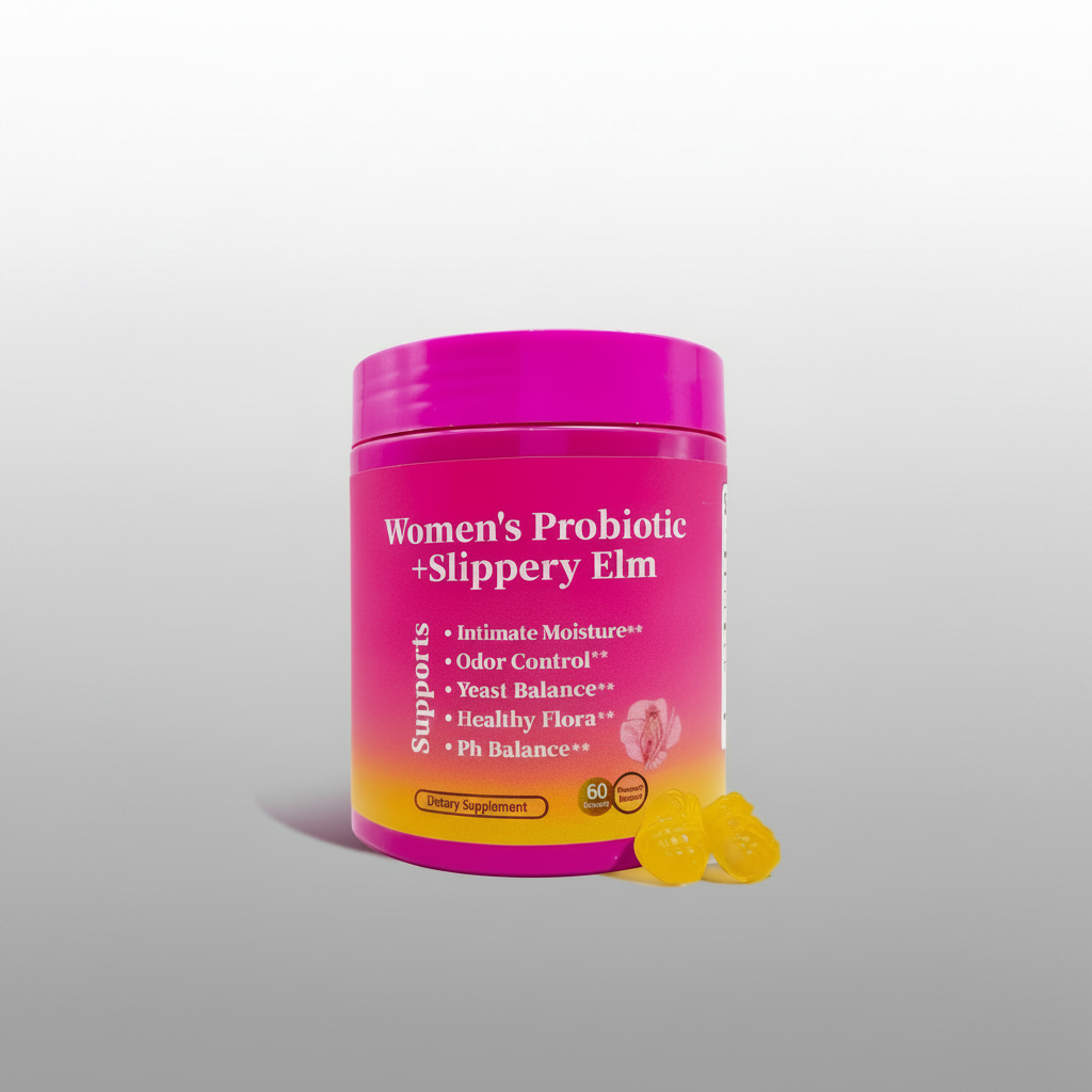 Pink container of women's probiotic with gummies on a white background