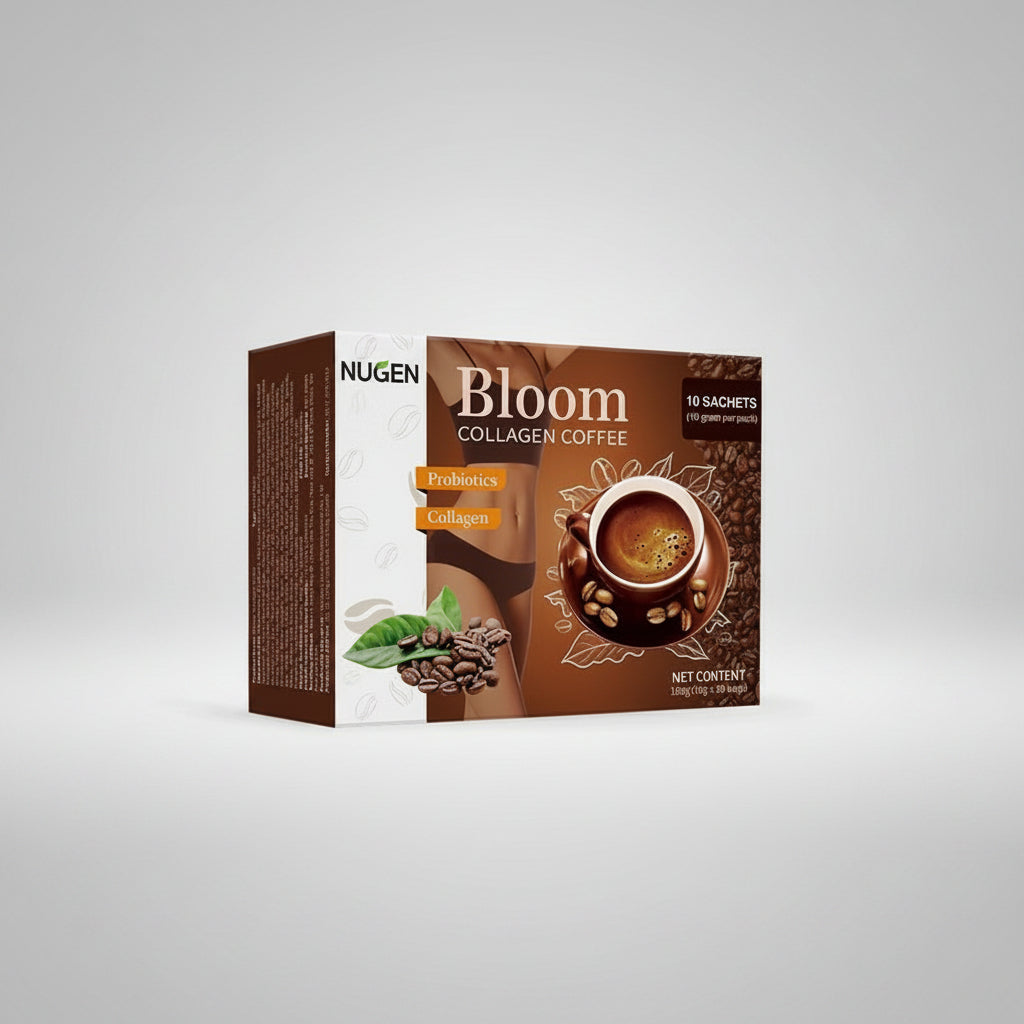 Box of NUGEN Bloom Collagen Coffee on a white background