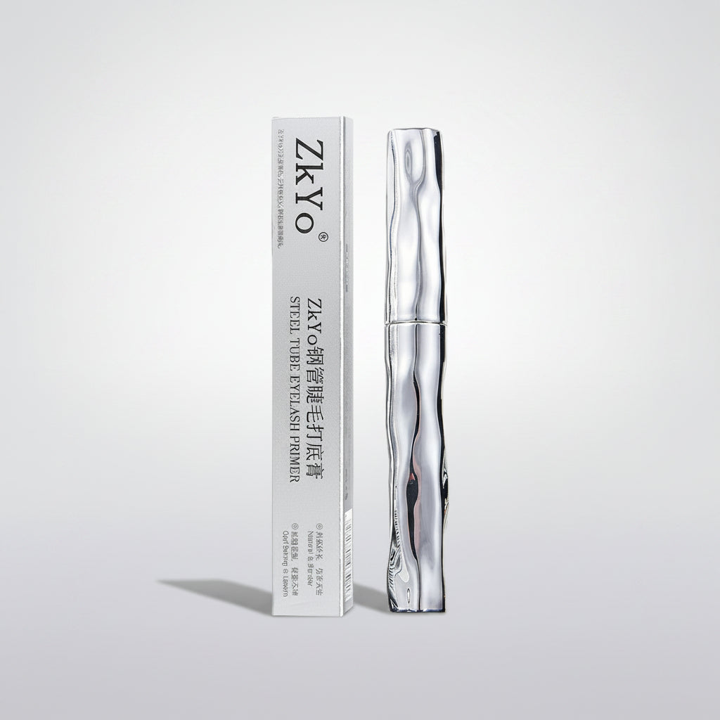 ZKYO Steel Rose Eyelash Primer shown with its white and silver packaging box and the applicator bottle, set against a plain white background.