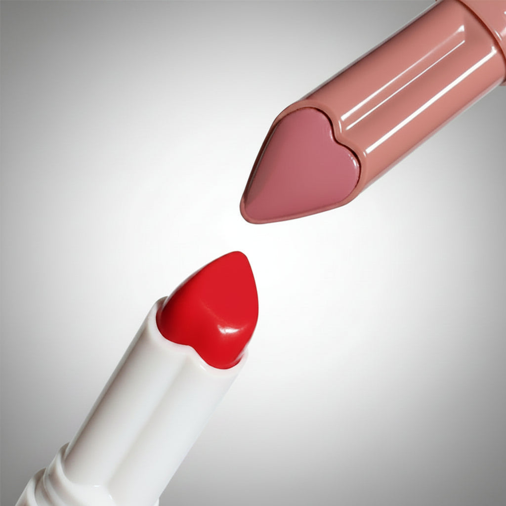 Two lipsticks, one red and one beige, on a light blue background